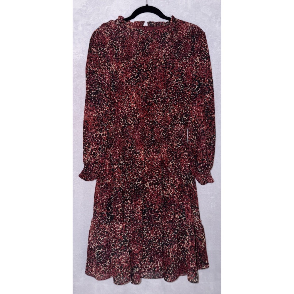 Taylor Women's Maroon Print Long Sleeve Chiffon Smocked Waist Dress Size 14 Boho